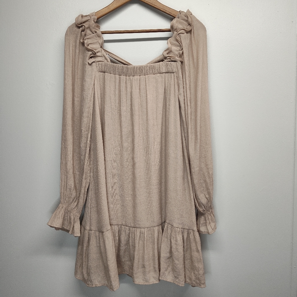 By The River Mini Dress Women S Tan Long Sleeves Ruffles Fall Boho Cottagecore